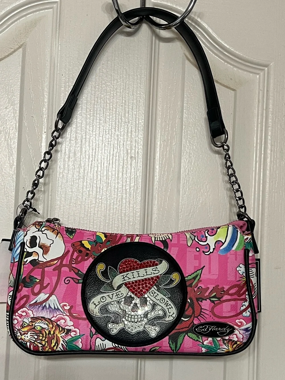 Ed Hardy Love Kills Slowly Pink Shoulder Bag NWT Y2K Skull Purse - Picture 3 of 11